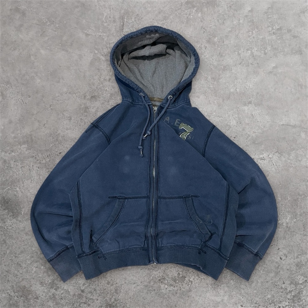 Vintage American Eagle Outfitters Navy Waffle-Lined Zip-Up Hoodie Mens Large